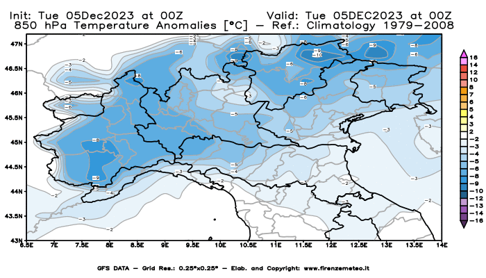 GFS analysi map - Temperature Anomalies at 850 hPa in Northern Italy
									on December 5, 2023 H00