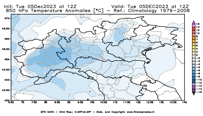 GFS analysi map - Temperature Anomalies at 850 hPa in Northern Italy
									on December 5, 2023 H12
