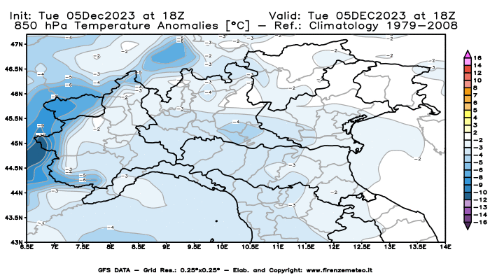 GFS analysi map - Temperature Anomalies at 850 hPa in Northern Italy
									on December 5, 2023 H18