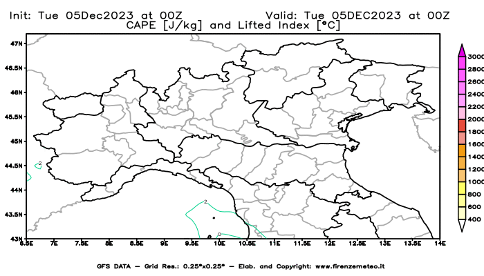 GFS analysi map - CAPE and Lifted Index in Northern Italy
									on December 5, 2023 H00