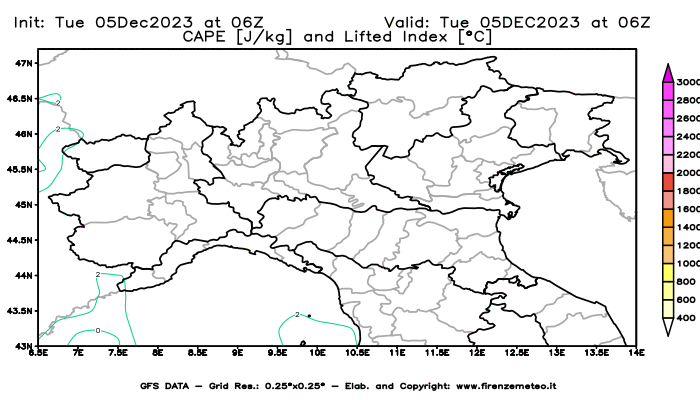 GFS analysi map - CAPE and Lifted Index in Northern Italy
									on December 5, 2023 H06