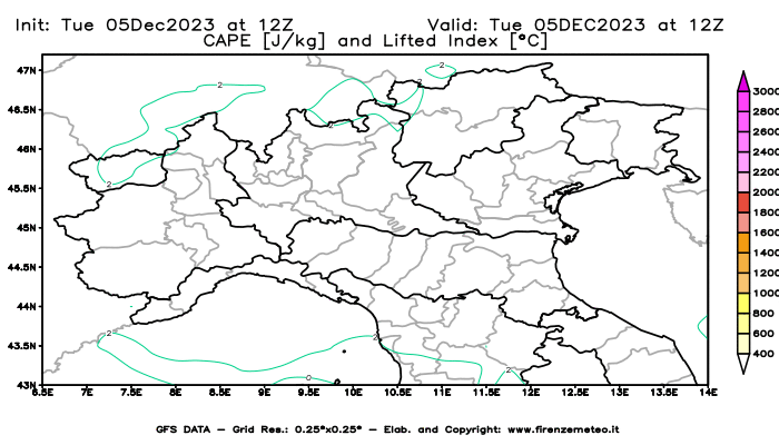 GFS analysi map - CAPE and Lifted Index in Northern Italy
									on December 5, 2023 H12