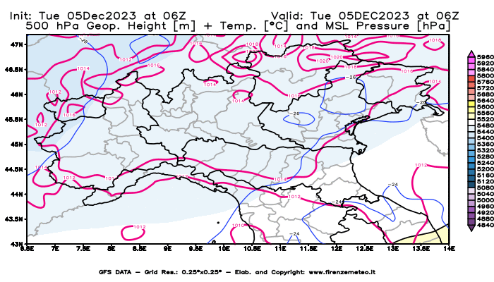 GFS analysi map - Geopotential + Temp. at 500 hPa + Sea Level Pressure in Northern Italy
									on December 5, 2023 H06