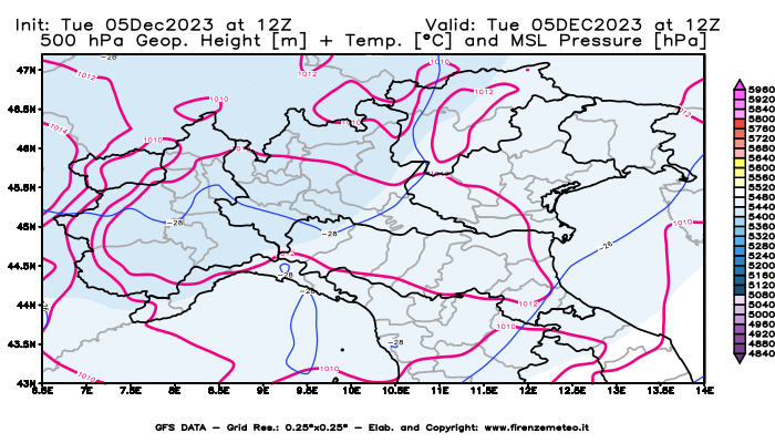 GFS analysi map - Geopotential + Temp. at 500 hPa + Sea Level Pressure in Northern Italy
									on December 5, 2023 H12