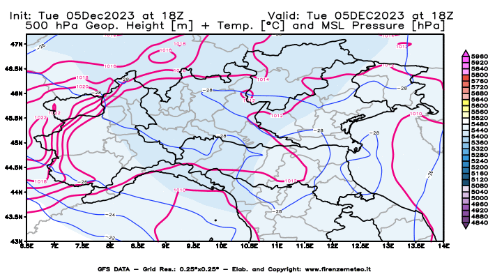 GFS analysi map - Geopotential + Temp. at 500 hPa + Sea Level Pressure in Northern Italy
									on December 5, 2023 H18
