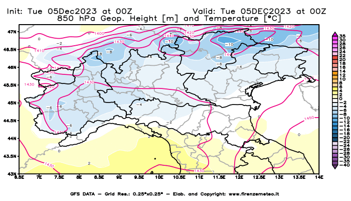 GFS analysi map - Geopotential and Temperature at 850 hPa in Northern Italy
									on December 5, 2023 H00