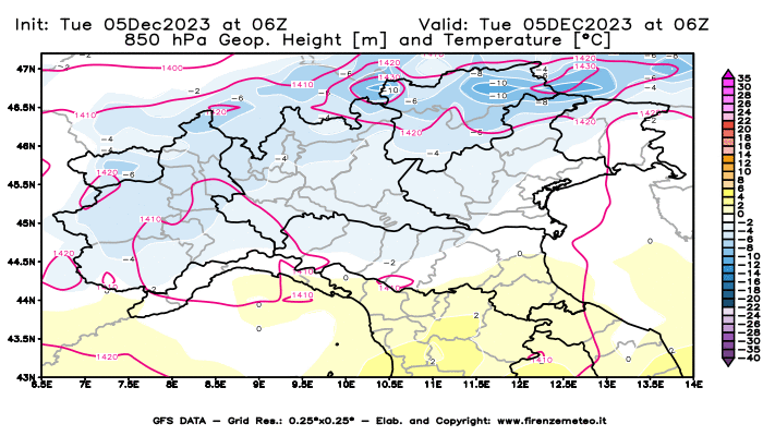 GFS analysi map - Geopotential and Temperature at 850 hPa in Northern Italy
									on December 5, 2023 H06