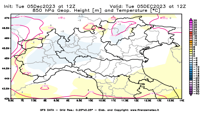 GFS analysi map - Geopotential and Temperature at 850 hPa in Northern Italy
									on December 5, 2023 H12