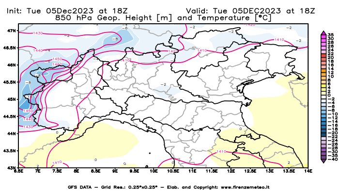 GFS analysi map - Geopotential and Temperature at 850 hPa in Northern Italy
									on December 5, 2023 H18