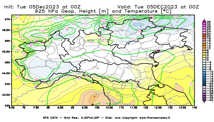 GFS analysi map - Geopotential and Temperature at 925 hPa in Northern Italy
									on December 5, 2023 H00