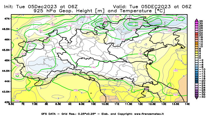GFS analysi map - Geopotential and Temperature at 925 hPa in Northern Italy
									on December 5, 2023 H06