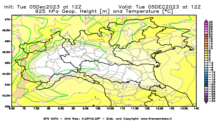 GFS analysi map - Geopotential and Temperature at 925 hPa in Northern Italy
									on December 5, 2023 H12
