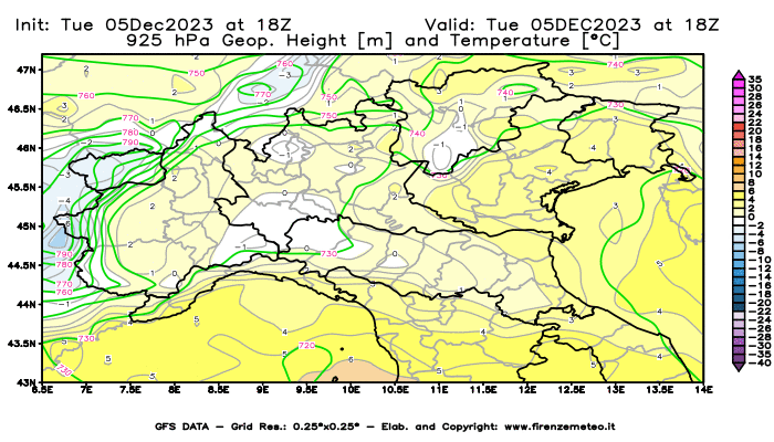 GFS analysi map - Geopotential and Temperature at 925 hPa in Northern Italy
									on December 5, 2023 H18