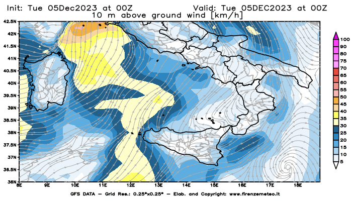 GFS analysi map - Wind Speed at 10 m above ground in Southern Italy
									on December 5, 2023 H00