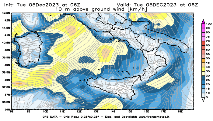 GFS analysi map - Wind Speed at 10 m above ground in Southern Italy
									on December 5, 2023 H06