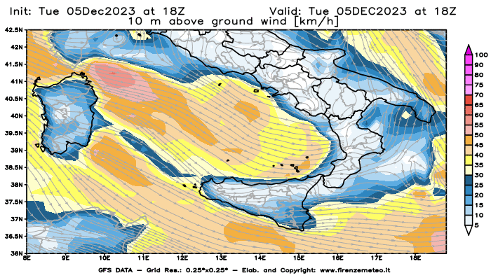 GFS analysi map - Wind Speed at 10 m above ground in Southern Italy
									on December 5, 2023 H18