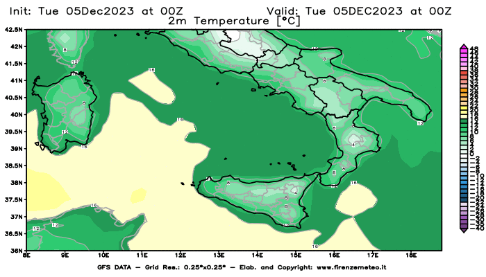 GFS analysi map - Temperature at 2 m above ground in Southern Italy
									on December 5, 2023 H00