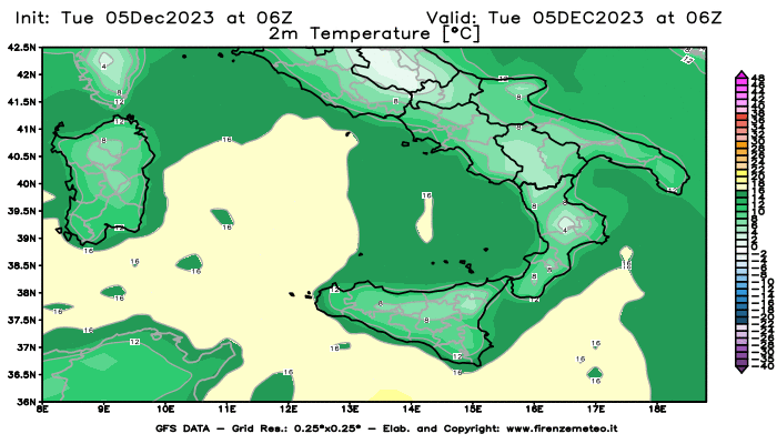 GFS analysi map - Temperature at 2 m above ground in Southern Italy
									on December 5, 2023 H06