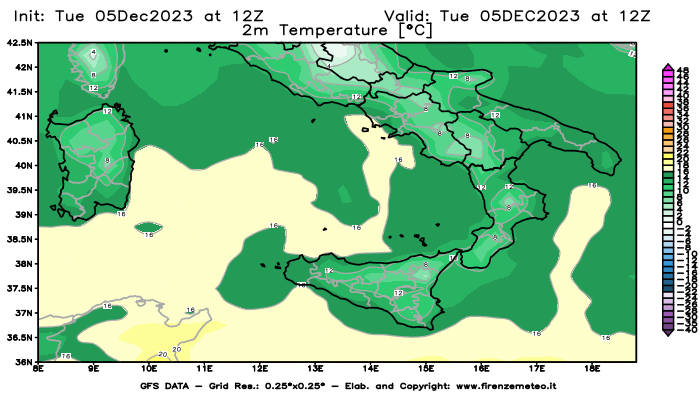 GFS analysi map - Temperature at 2 m above ground in Southern Italy
									on December 5, 2023 H12