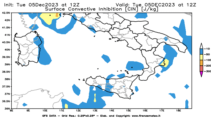 GFS analysi map - CIN in Southern Italy
									on December 5, 2023 H12