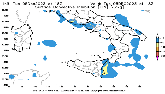 GFS analysi map - CIN in Southern Italy
									on December 5, 2023 H18
