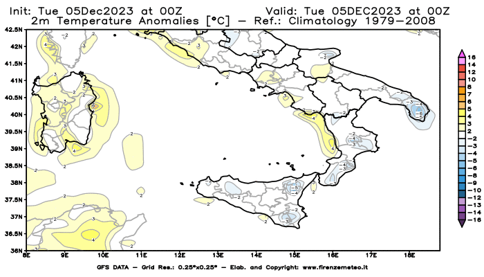 GFS analysi map - Temperature Anomalies at 2 m in Southern Italy
									on December 5, 2023 H00