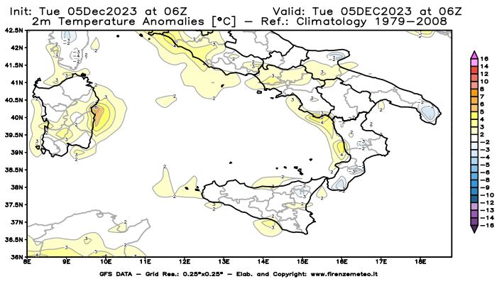 GFS analysi map - Temperature Anomalies at 2 m in Southern Italy
									on December 5, 2023 H06
