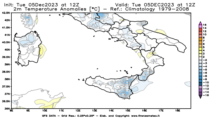 GFS analysi map - Temperature Anomalies at 2 m in Southern Italy
									on December 5, 2023 H12