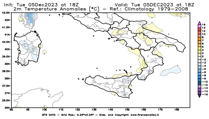 GFS analysi map - Temperature Anomalies at 2 m in Southern Italy
									on December 5, 2023 H18
