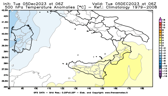 GFS analysi map - Temperature Anomalies at 500 hPa in Southern Italy
									on December 5, 2023 H06