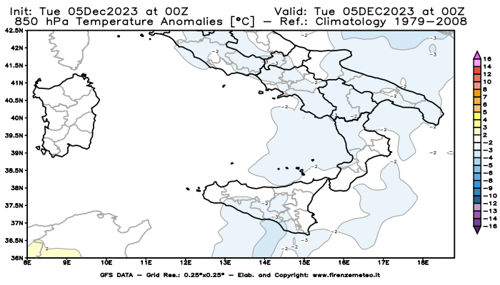 GFS analysi map - Temperature Anomalies at 850 hPa in Southern Italy
									on December 5, 2023 H00