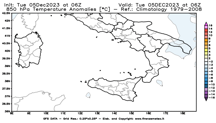 GFS analysi map - Temperature Anomalies at 850 hPa in Southern Italy
									on December 5, 2023 H06