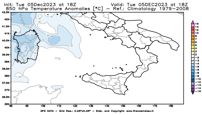 GFS analysi map - Temperature Anomalies at 850 hPa in Southern Italy
									on December 5, 2023 H18