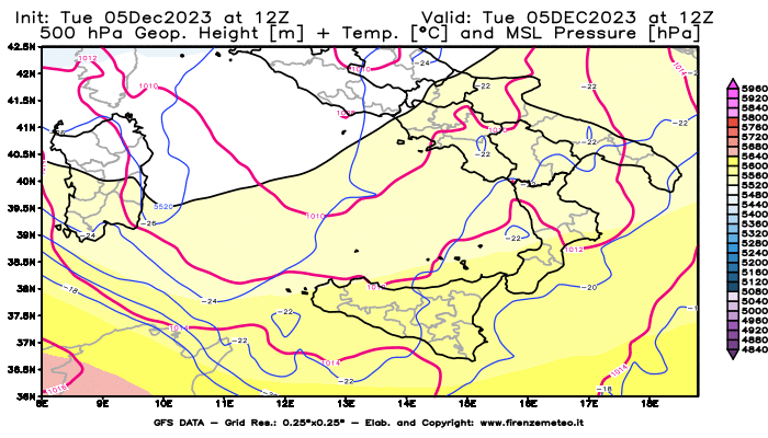 GFS analysi map - Geopotential + Temp. at 500 hPa + Sea Level Pressure in Southern Italy
									on December 5, 2023 H12