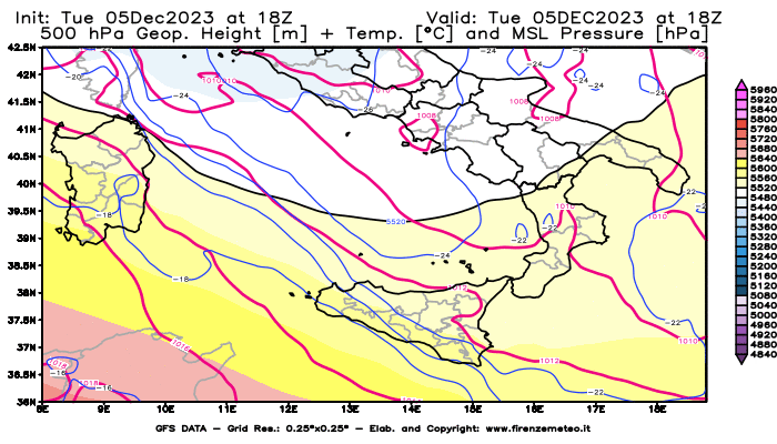 GFS analysi map - Geopotential + Temp. at 500 hPa + Sea Level Pressure in Southern Italy
									on December 5, 2023 H18