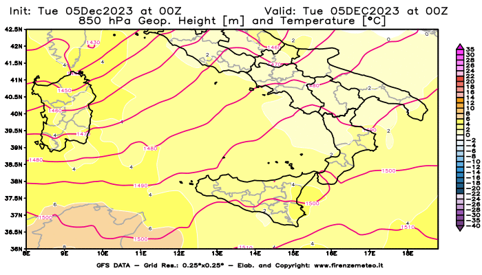 GFS analysi map - Geopotential and Temperature at 850 hPa in Southern Italy
									on December 5, 2023 H00