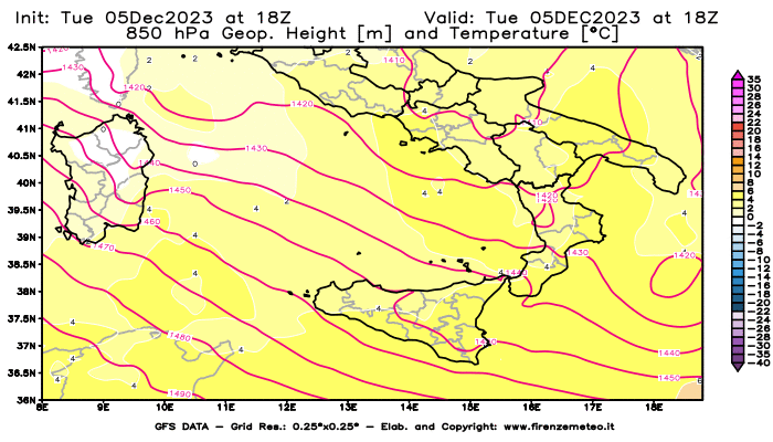 GFS analysi map - Geopotential and Temperature at 850 hPa in Southern Italy
									on December 5, 2023 H18