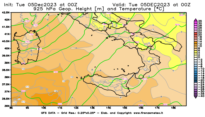 GFS analysi map - Geopotential and Temperature at 925 hPa in Southern Italy
									on December 5, 2023 H00