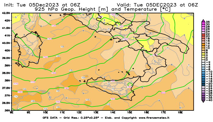 GFS analysi map - Geopotential and Temperature at 925 hPa in Southern Italy
									on December 5, 2023 H06