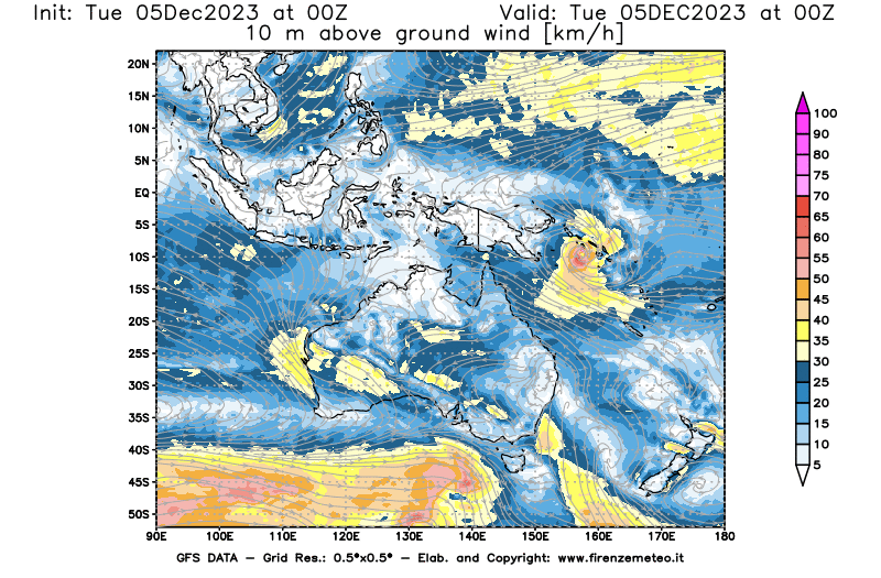 GFS analysi map - Wind Speed at 10 m above ground in Oceania
									on December 5, 2023 H00