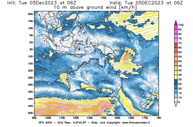 GFS analysi map - Wind Speed at 10 m above ground in Oceania
									on December 5, 2023 H06