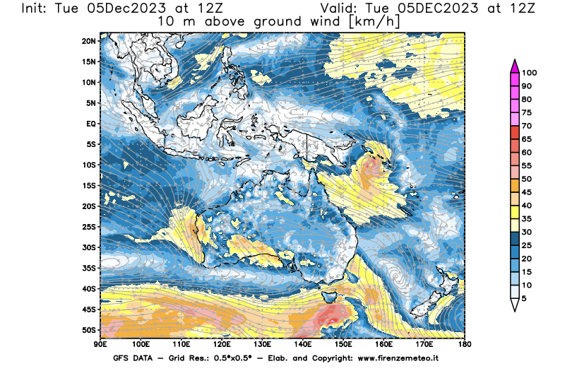 GFS analysi map - Wind Speed at 10 m above ground in Oceania
									on December 5, 2023 H12