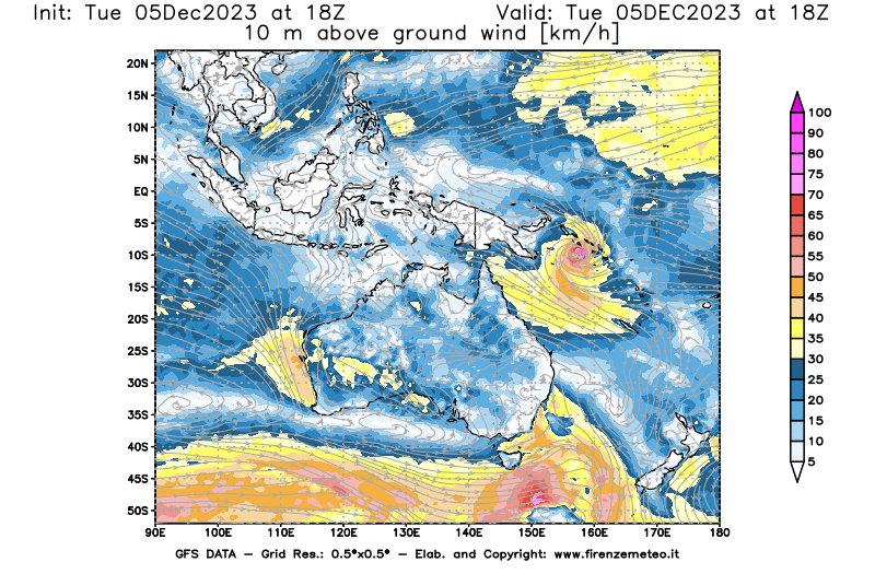 GFS analysi map - Wind Speed at 10 m above ground in Oceania
									on December 5, 2023 H18