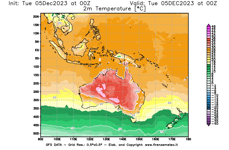 GFS analysi map - Temperature at 2 m above ground in Oceania
									on December 5, 2023 H00