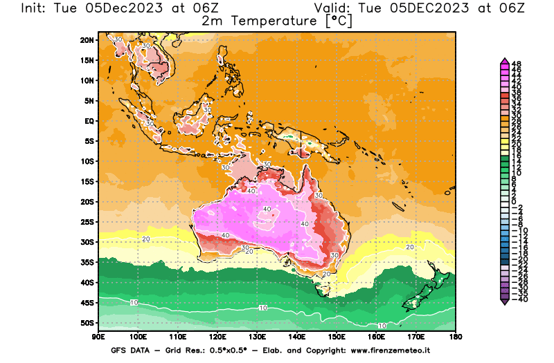 GFS analysi map - Temperature at 2 m above ground in Oceania
									on December 5, 2023 H06