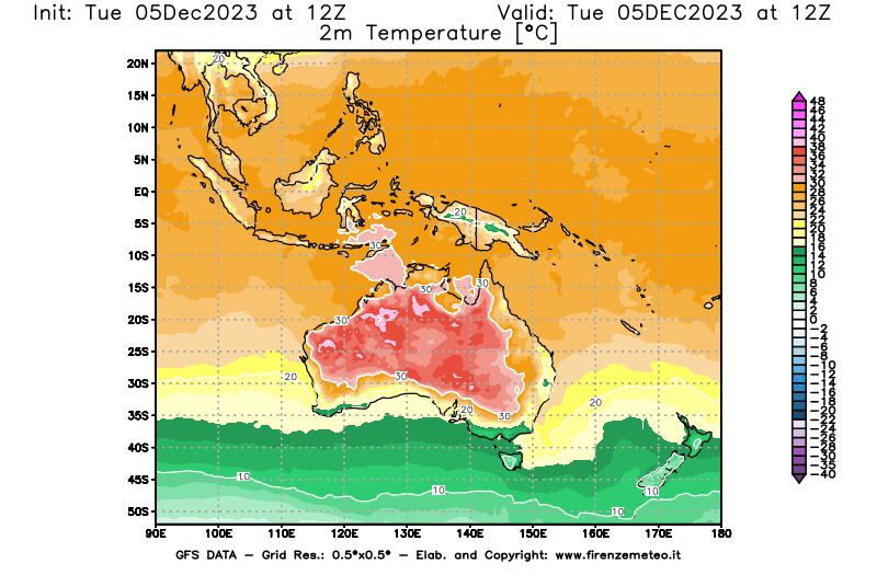 GFS analysi map - Temperature at 2 m above ground in Oceania
									on December 5, 2023 H12