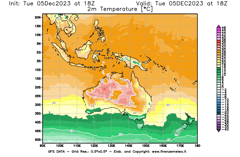 GFS analysi map - Temperature at 2 m above ground in Oceania
									on December 5, 2023 H18