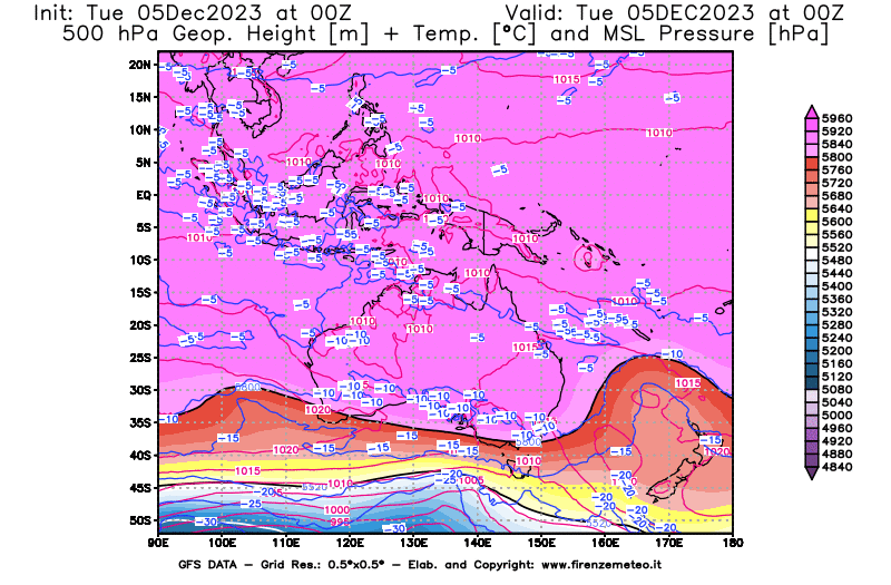 GFS analysi map - Geopotential + Temp. at 500 hPa + Sea Level Pressure in Oceania
									on December 5, 2023 H00