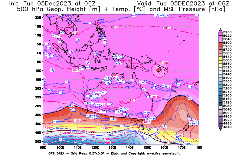 GFS analysi map - Geopotential + Temp. at 500 hPa + Sea Level Pressure in Oceania
									on December 5, 2023 H06
