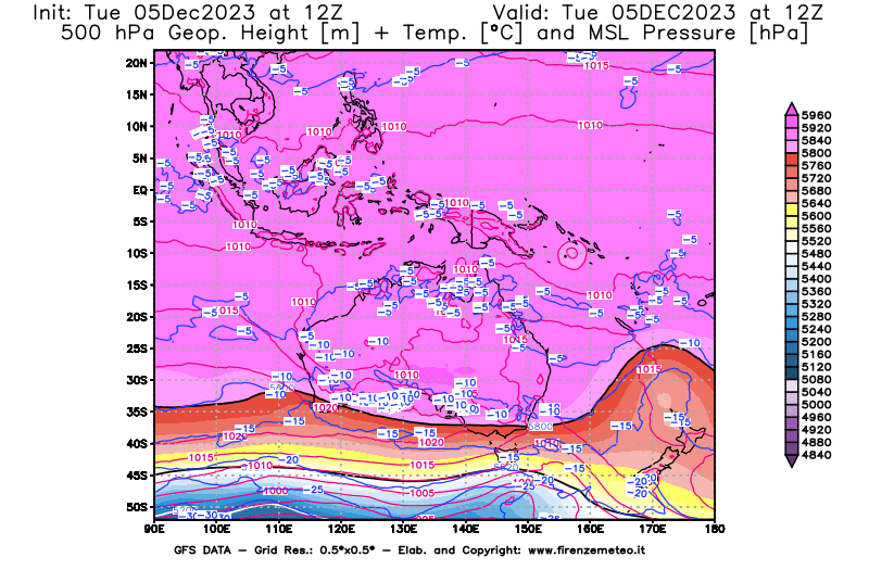 GFS analysi map - Geopotential + Temp. at 500 hPa + Sea Level Pressure in Oceania
									on December 5, 2023 H12